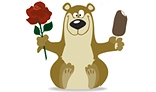Smiling bear with beautiful red rose and ice cream