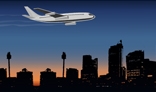 airoplane crossing city buildings