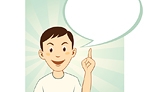 Gesturing cartoon man with big speech bubble