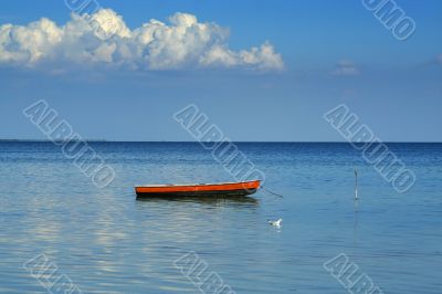 One boat, one seagull and one cloud