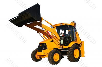 The new universal bulldozer with the lifted bucket