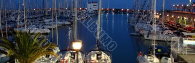 Night panorama of Barcelonian port. Port Olimpik