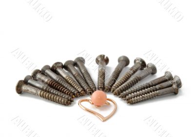 Iron screws with gold earring