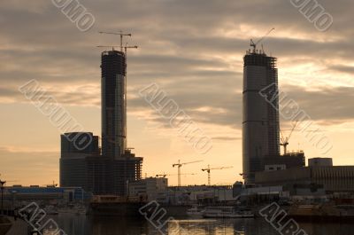 sunset in city