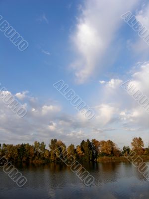 Summer sky. River bank with trees