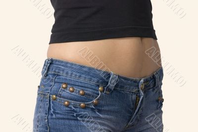 Girl in blue jeans short shorts isolated Girl in blue jeans short shorts isolated