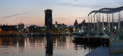 Night panorama of Barcelonian port. Port Well