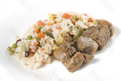 Fried meat with vegetables and rice