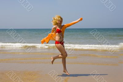 beach, girl, ocean, sea, sand, sun, jump