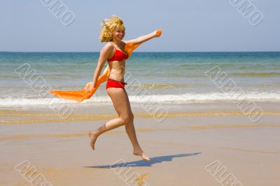 beach, girl, ocean, sea, sand, sun, jump