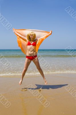 beach, girl, ocean, sea, sand, sun, jump