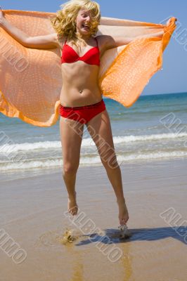 beach, girl, ocean, sea, sand, sun, jump
