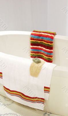 Luxury bathroom with tub and towels