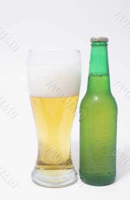 A pilsner glass of beer and a beer in a bottle.