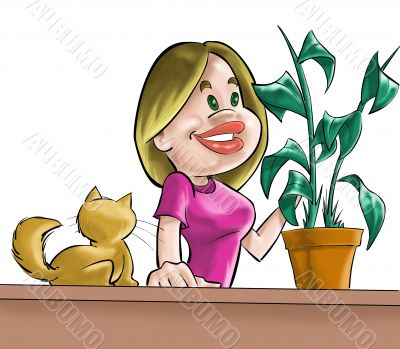 The girl, cat and plant