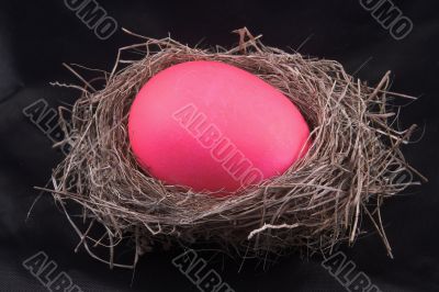 a pink easter egg in a birds nest