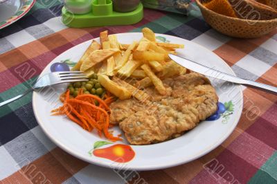 Chicken cutlet and french fries