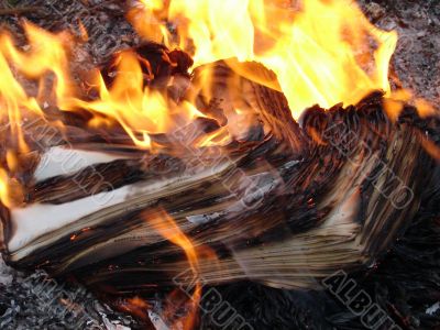 Flame of burning paper sheet stack