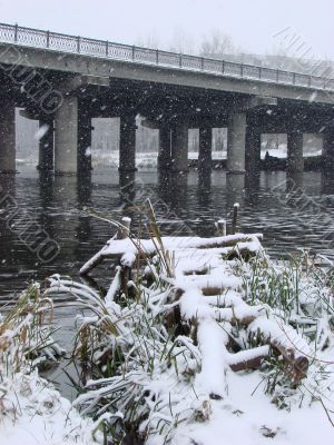 First season snowfall on Ukrainian River