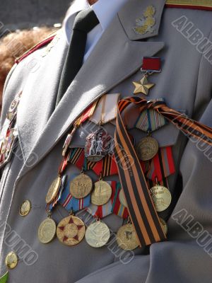 Soviet military awards on veteran officer chest