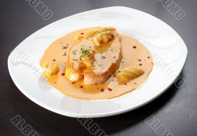 baked salmon sirloin in sauce with noodle