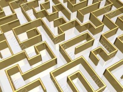 The gold labyrinth with reflection. 3D image.