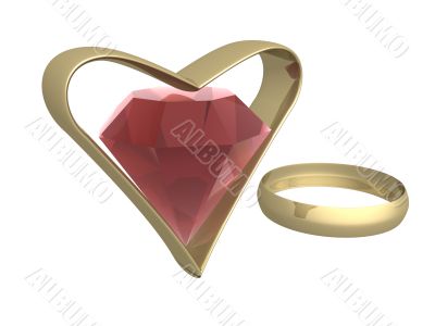 Ruby in gold heart and a ring. 3d mage.