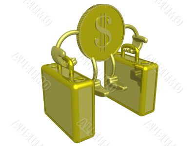 Gold dollar carry two suitcases. 3D image.