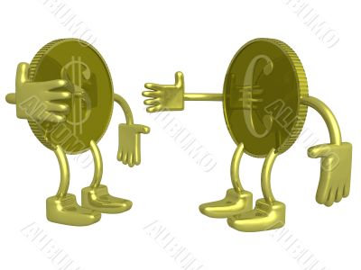 Gold dollar and euro. A coin. 3D image.