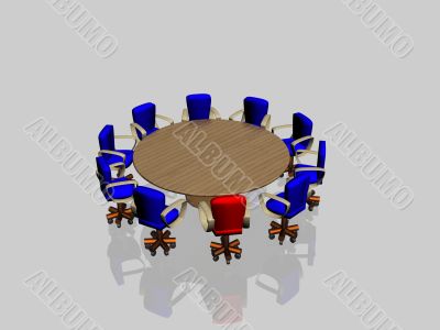 Ten armchairs behind a round glass table