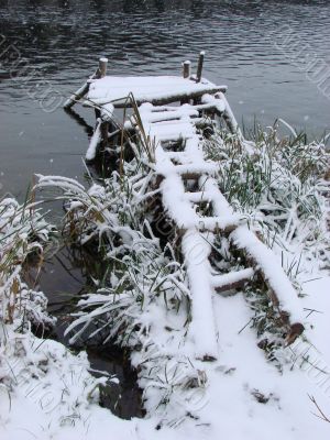 First season snowfall on riverside water