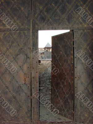 Aged door lock on wooden door