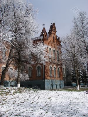 Snowy winter town square cityscape