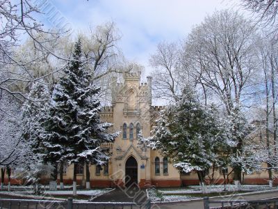 Snowy winter town square cityscape