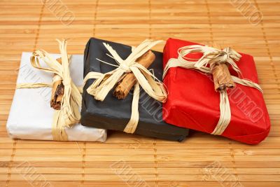Three gifts on bamboo mat Three gifts on bamboo mat