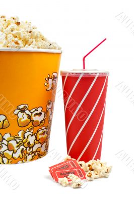 Popcorn bucket, tickets and soda