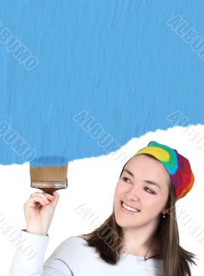 girl painting the screen in cyan