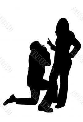 business man begging to woman silhouette
