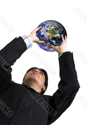 business man with globe over white