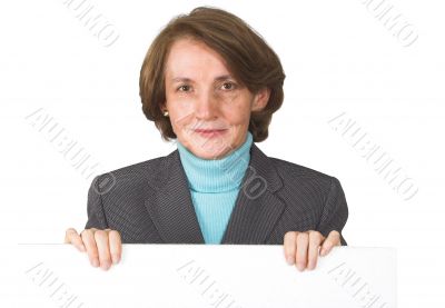 business woman holding banner facing camera