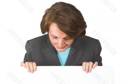 business woman holding a banner