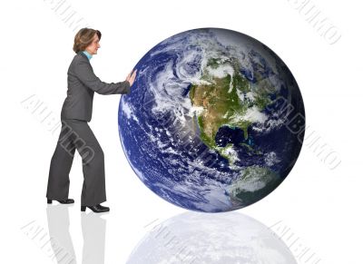 business woman pushing the earth