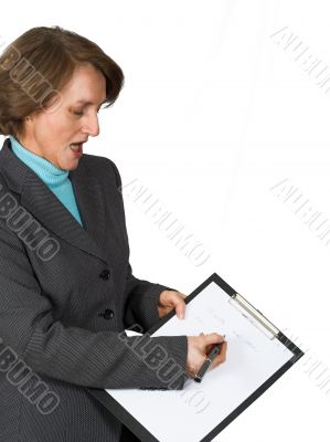 business woman showing notes