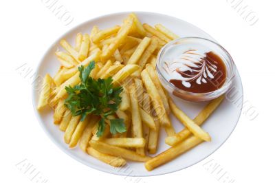 French fries and sauce, isolated on white