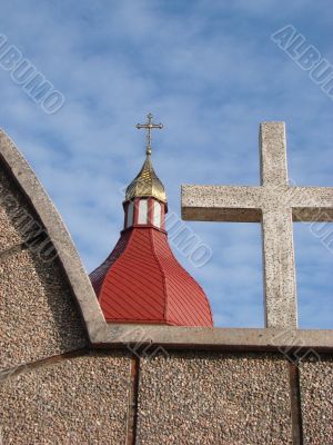 Orthodox Church with red Cupola with Holy Cross