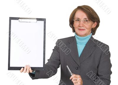 business woman with glasses showing folder