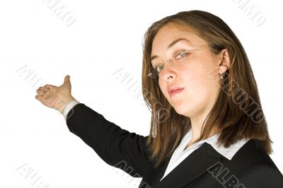 business woman with glasses presenting