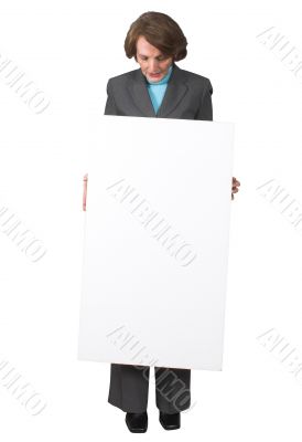business woman holding a banner