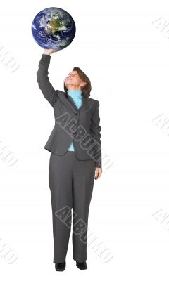 business woman holding earth