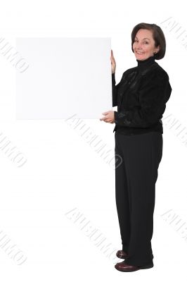 business woman holding a banner